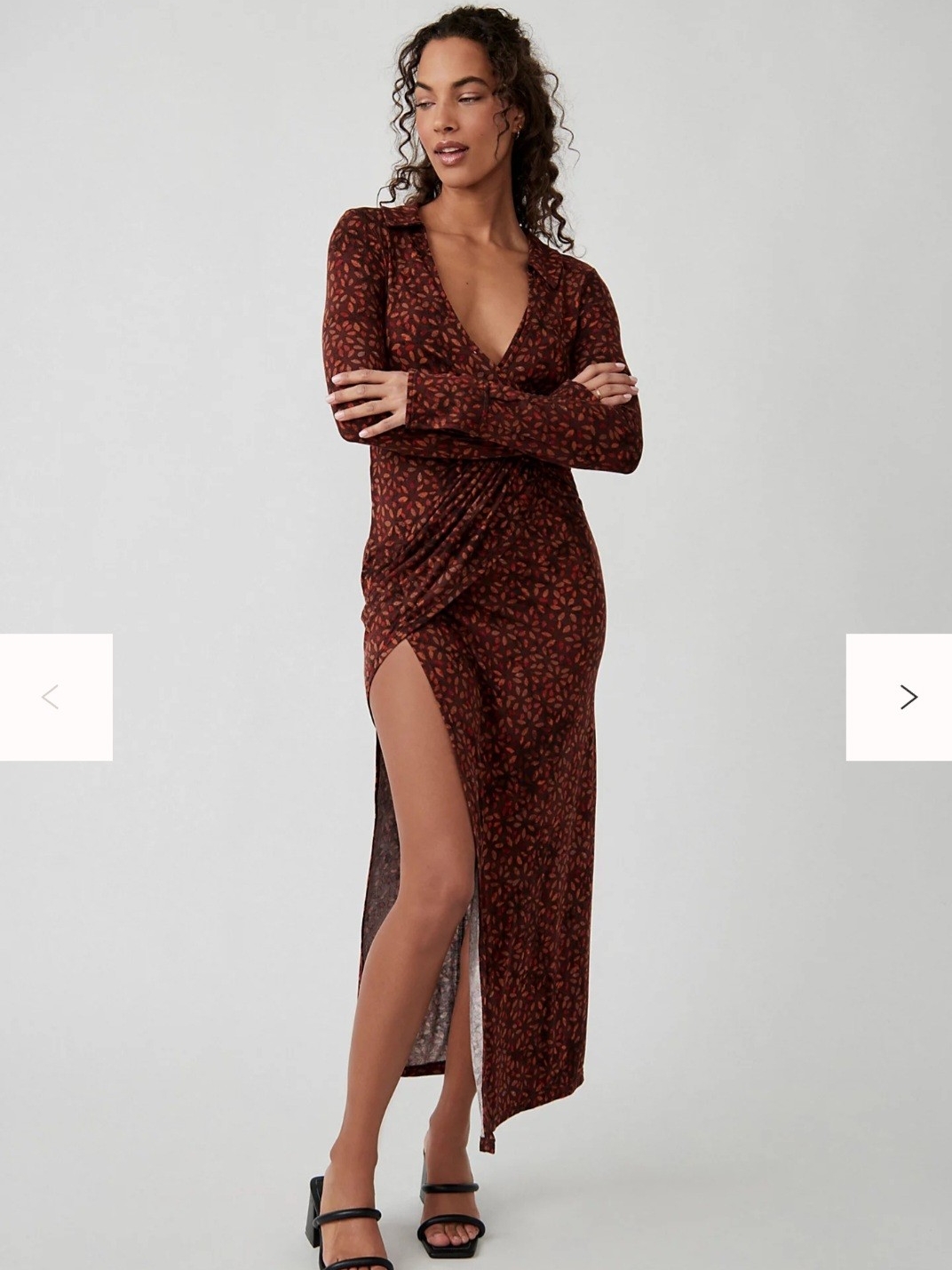 Free People Shayla Wrap Midi Dress S Chocolate Floral Long Sleeve Draped Boho Fp